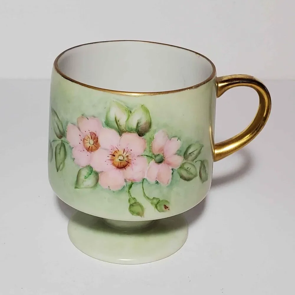 Hand Painted Cup Pink Flowers Signed Vintage